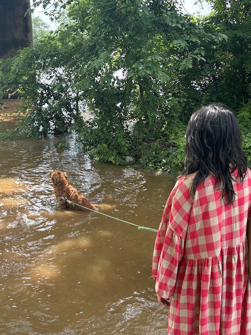 m and a dog named rosemary in the james river