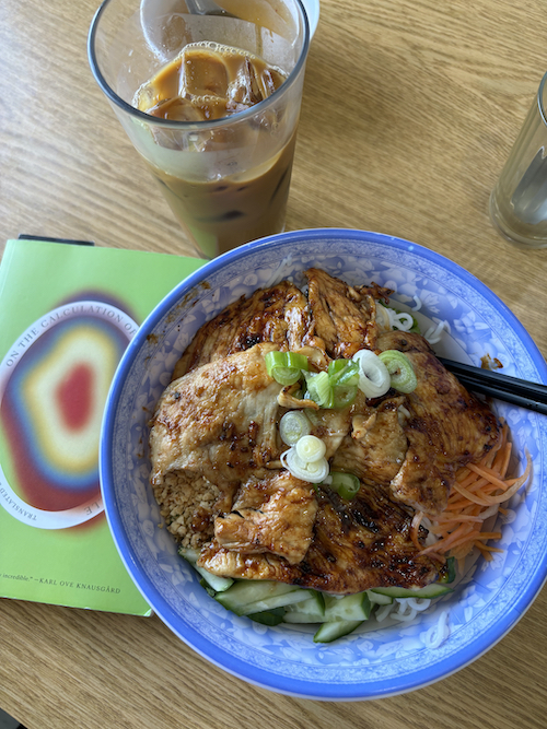 book and vermicelli noodle bowl