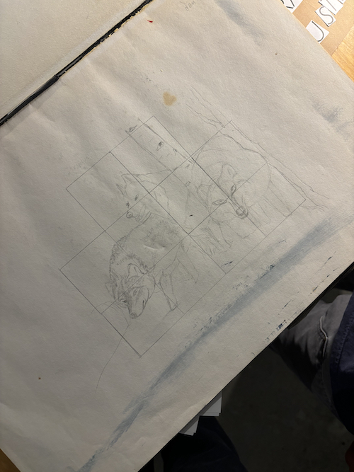 drawing of wolves in l's sketchbook
